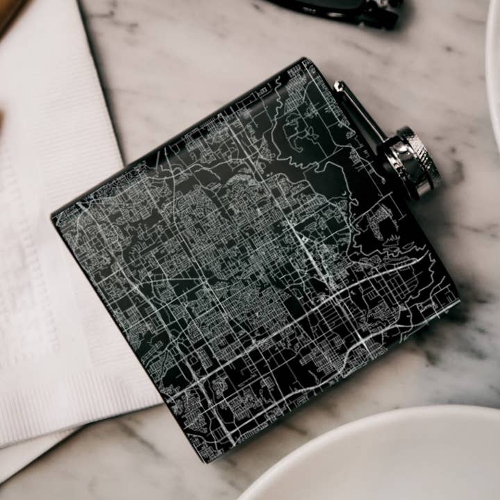 Arlington TX Map Hip Flask in Matte Black for wholesale by JACE.design