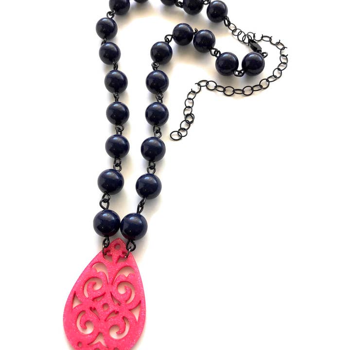 Leetie Lovendale - Wholesale Pendant/Charm Necklace - Navy Blue & Hot Pink Boho Lace Beaded Aleta Necklace4