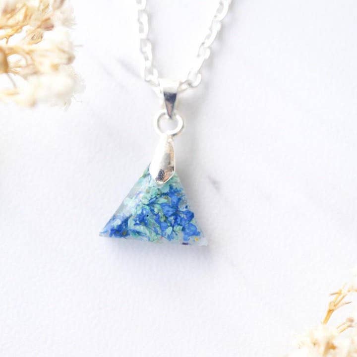 Triangle in Blue Mint Real Dried Flowers and Resin Necklace for wholesale by Ann + Joy