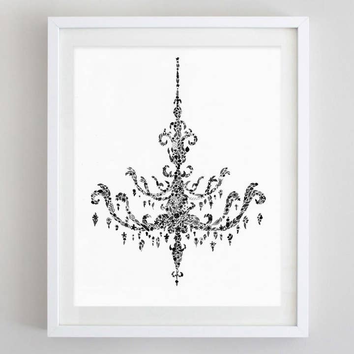 Black and White Chandelier Floral Watercolor Print for wholesale by Carly Rae Studio