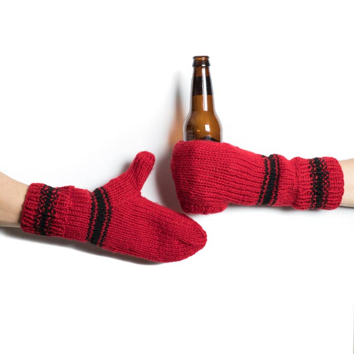 Camp Kitschy Knits - Vendita all'ingrosso Muffole - Donna - Guanti da birra a righe rosse e nere.