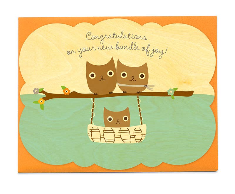 Night Owl Paper Goods - Wholesale Baby Card - Baby Hoot Wood Congratulations Card1