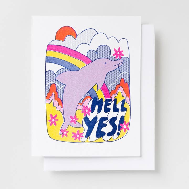 Hell Yes Dolphin Risograph Encouragement Greeting Card for wholesale by Yellow Owl Workshop