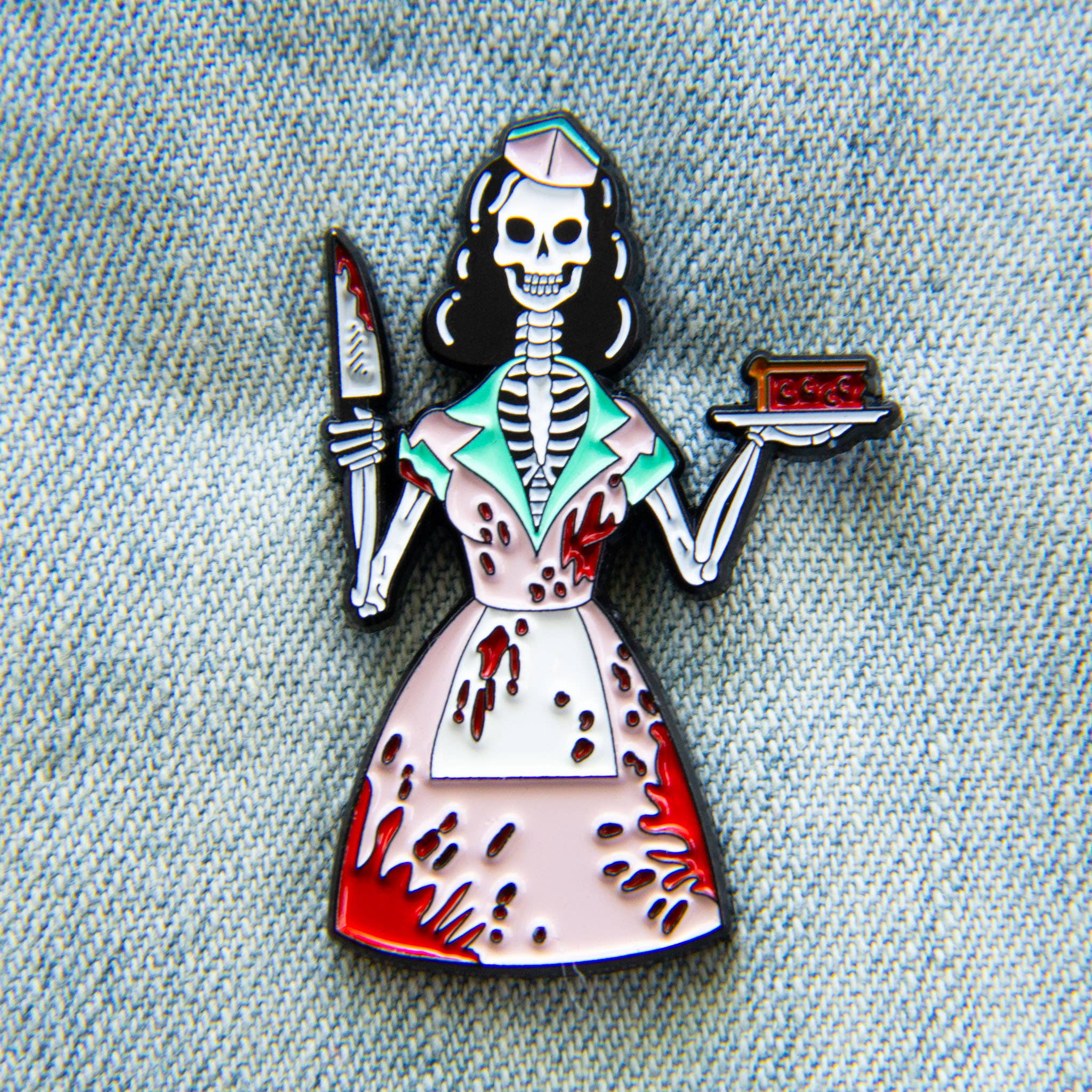 Ectogasm - Wholesale Lapel Pin/Button - 50's Bloody Skeleton Waitress Halloween Horror Enamel Pin2