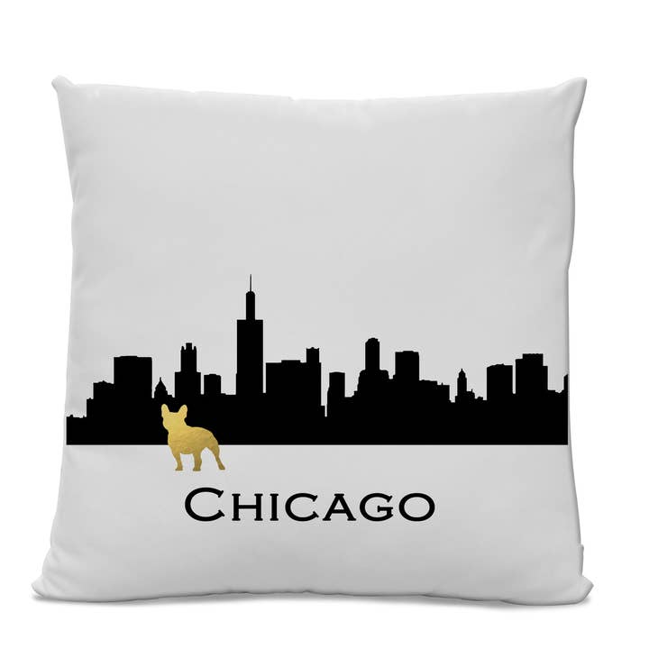 Sophisticated Pup - Wholesale Throw/Decorative Pillow - Chicago Skyline French Bulldog Pillow 18" X 18" Cotton Twill