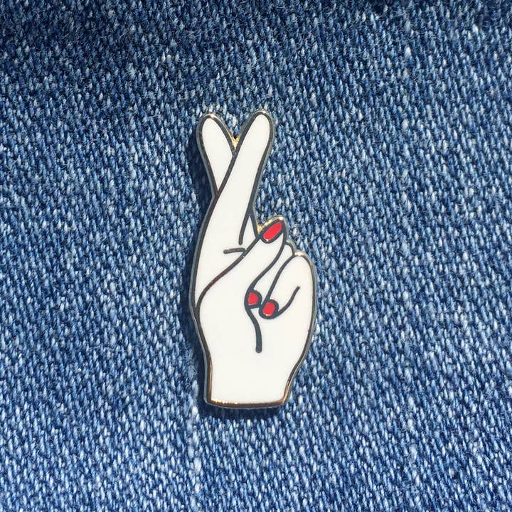 Fingers Crossed - enamel pin for wholesale by Near Modern Disaster