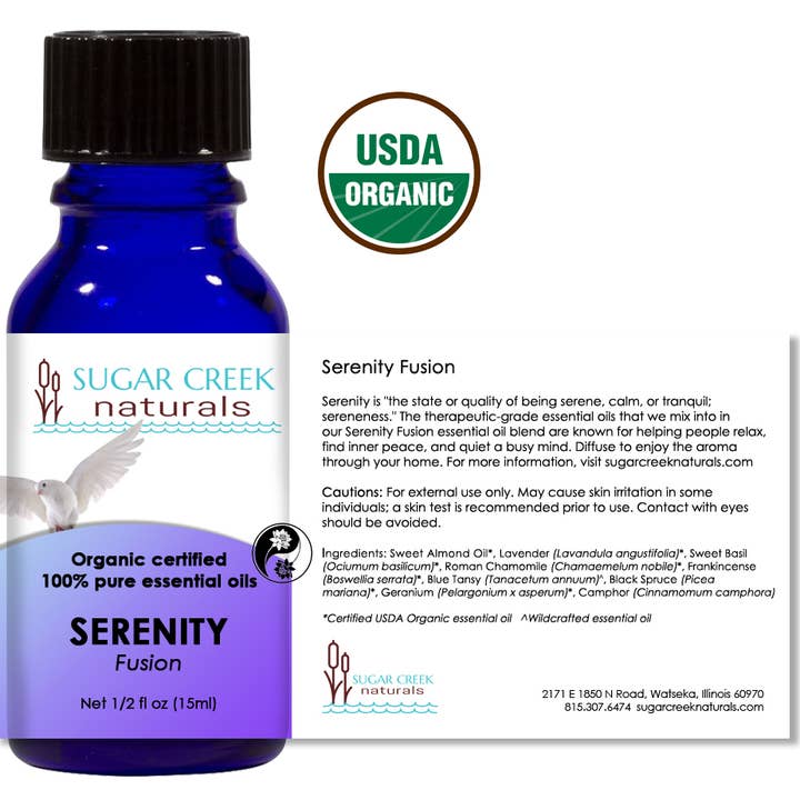 Serenity Fusion økologisk æterisk olie blanding 15ml for engroshandel hos Sugar Creek Naturals