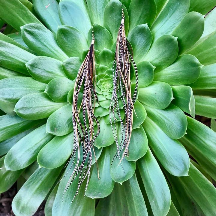 ASTALI - Wholesale Tassel Earrings - Extra Long Feather Earrings - Golden Black & Grizzly, Boho8
