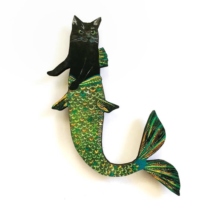 Pergamo Paper Goods - Wholesale Magnet - Black Cat Mermaid Wood Magnet2
