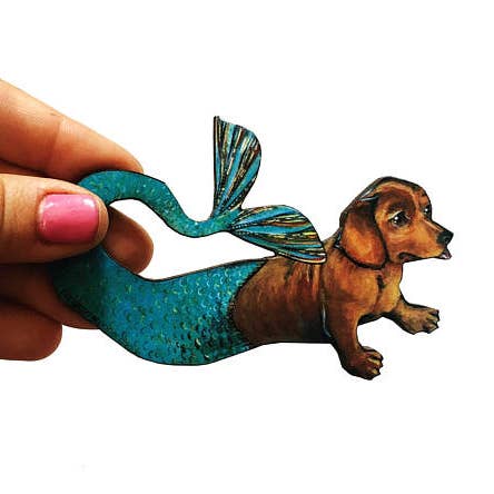 Dachshund Mermaid Laser Cut Wood Magnet for wholesale by Pergamo Paper Goods