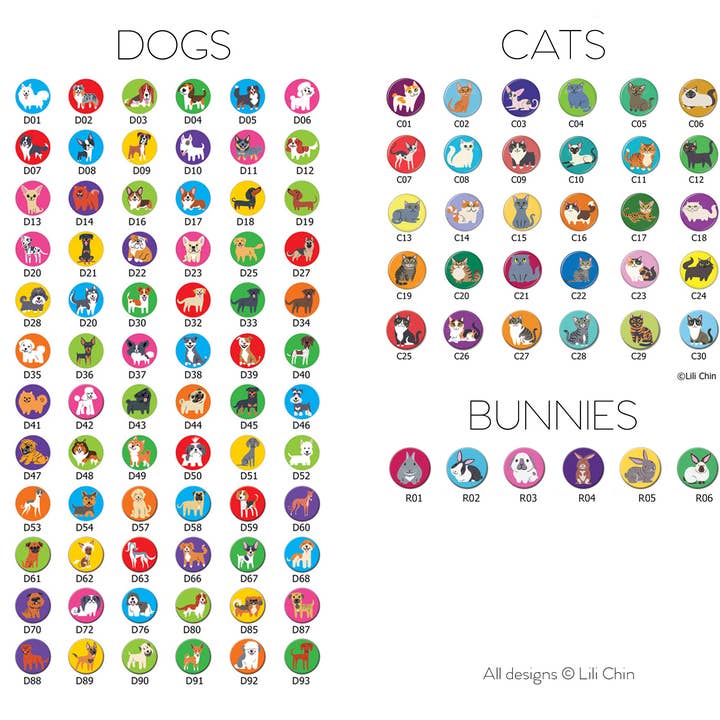 Lili Chin Art – Großhandel Anstecker/Button – 30 Katze-Knöpfe