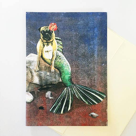Mermaid Pug Greeting Card for wholesale by Pergamo Paper Goods