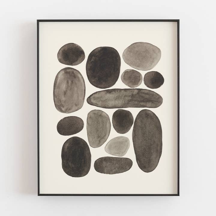 Wall Art Print Schwarze Kiesel — Aquarell, Monochrom für den Großhandel von Rare Bird Co. + Pauline Stanley Studio