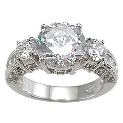 Rhodium Finish Sterling Silver Cubic Zirconia 3-stone Wedding Ring for wholesale by Plutus Brands