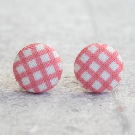 Red Gingham Fabric Button Earrings for wholesale by Rachel O's