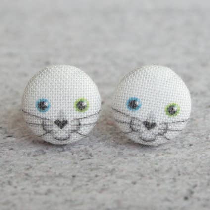 Snowball Kitten Fabric Button Earrings for wholesale by Rachel O's