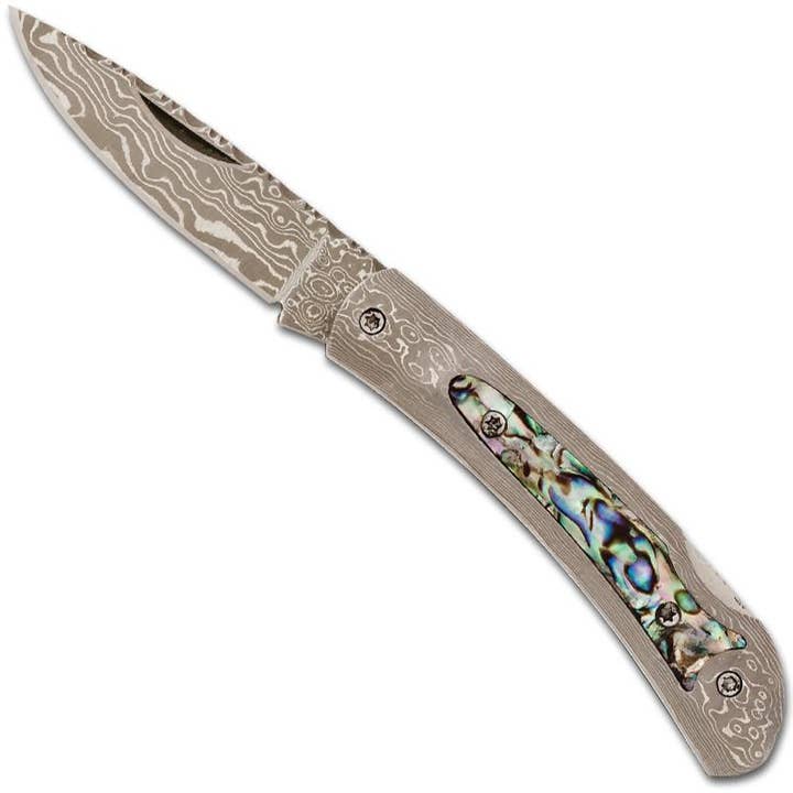 Damascus Pocket Knife with Abalone Inlay for wholesale by Santa Fe Stoneworks