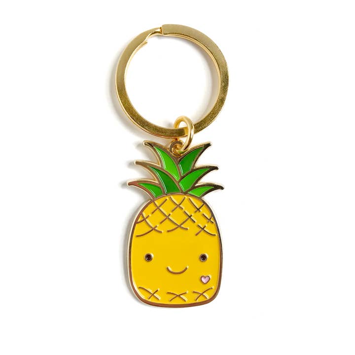 Happy Pineapple Enamel Keychain for wholesale by Night Owl Paper Goods