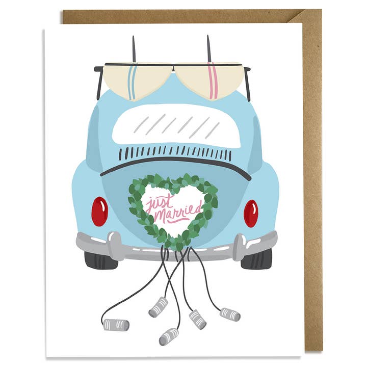 Vintage Beetle and Surfboards - Wedding Card for wholesale by Kat French Design