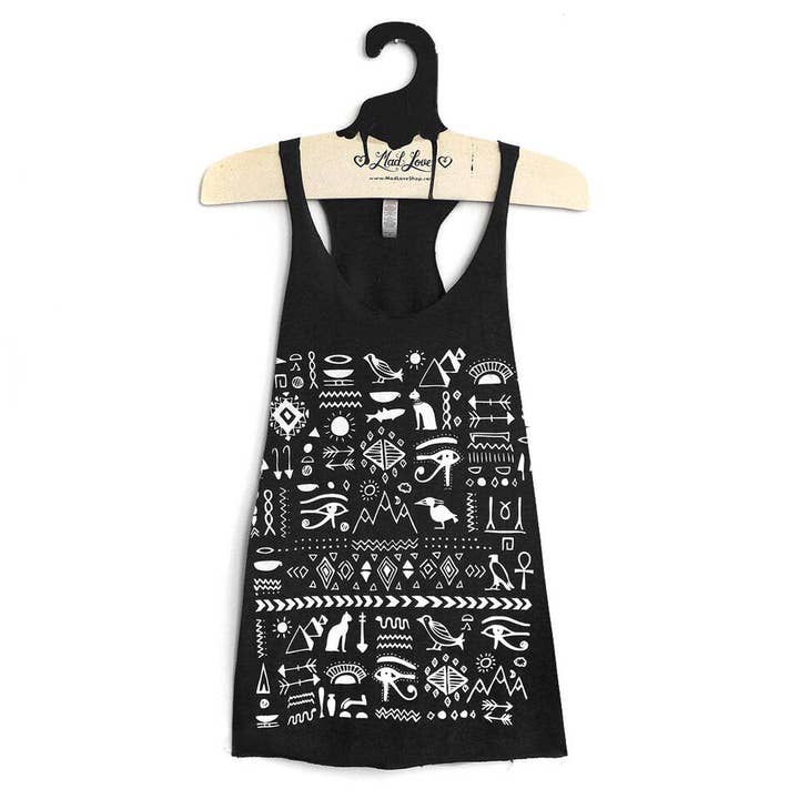 Black Racerback Tank with Eygptian Print for wholesale by Mad Love Shop