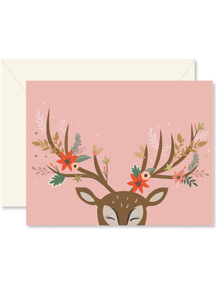 Reindeer Floral Christmas Greeting Card for wholesale by Ginger P. Designs