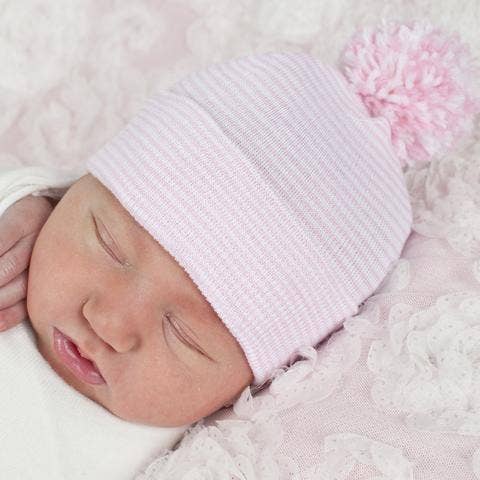 STRIPED PINK HAT WITH MIXED POM POM for wholesale by www.ilybean.com