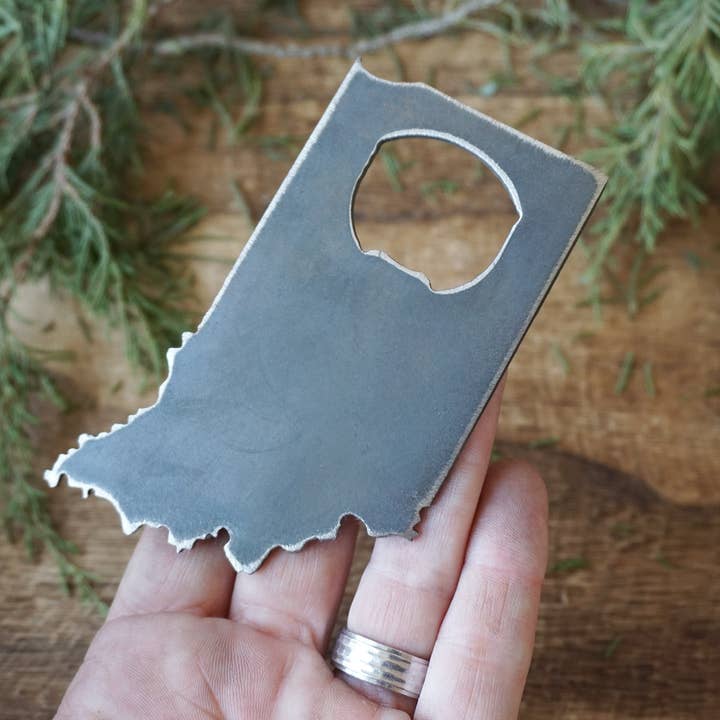 Indiana State Bottle Opener made with Recycled Raw Steel for wholesale by BE Creations & Designs, Inc.
