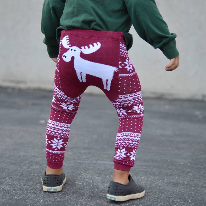 Maroon Winter Moose Baby and Toddler Leggings for wholesale by Doodle Pants
