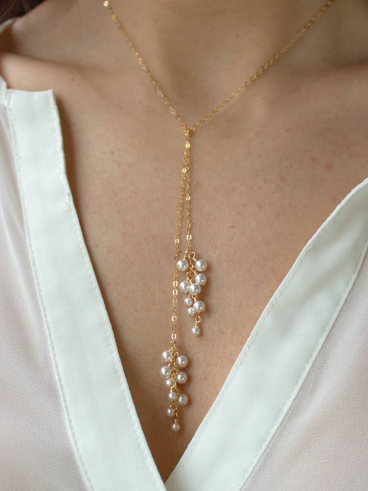 Pearl Dust Tie Necklace for wholesale by Christine Elizabeth Jewelry