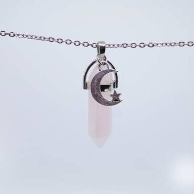 Foxfire Stones - Vente Colliers à pendentif - Chaîne en acier - Collier lune quartz rose0