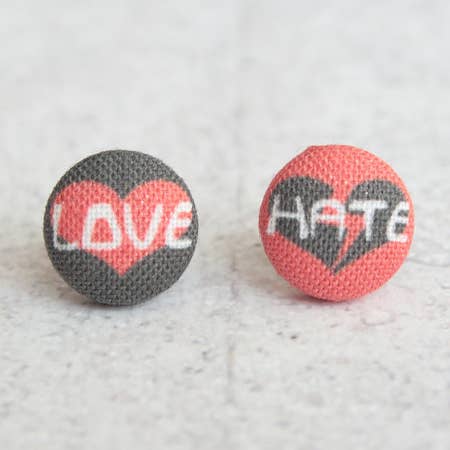 Love Hate Fabric Button Earrings for wholesale by Rachel O's