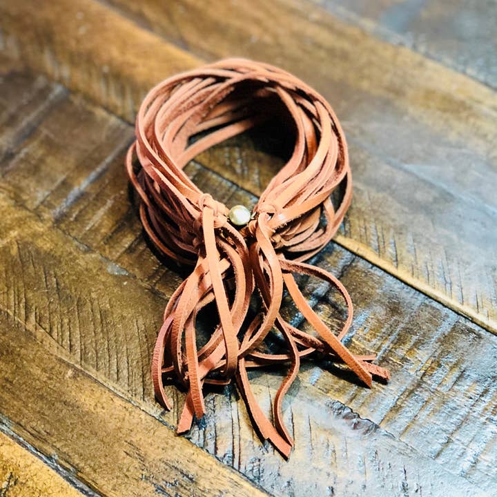 Leather Biker Cuff - Rust, Multi-Strand Fringe Bracelet for wholesale by ASTALI