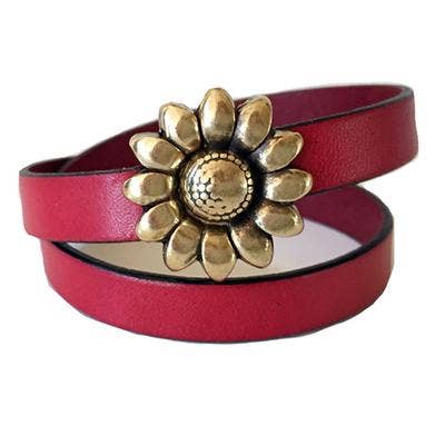 Rood - Zonnebloem messing leren armband voor wholesale door LIVE AHA