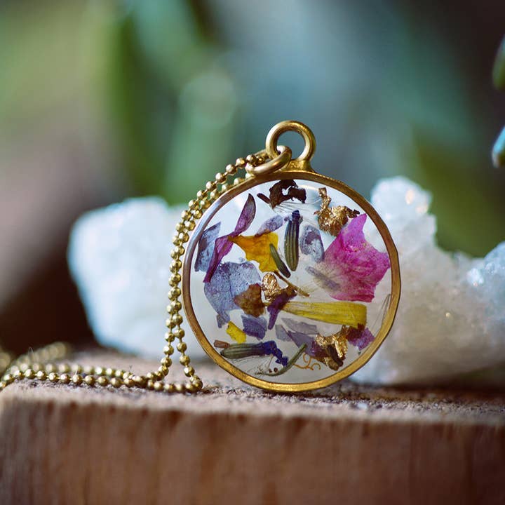 Garden Party Necklace ~ Dried flower petals in resin for wholesale by Cameoko