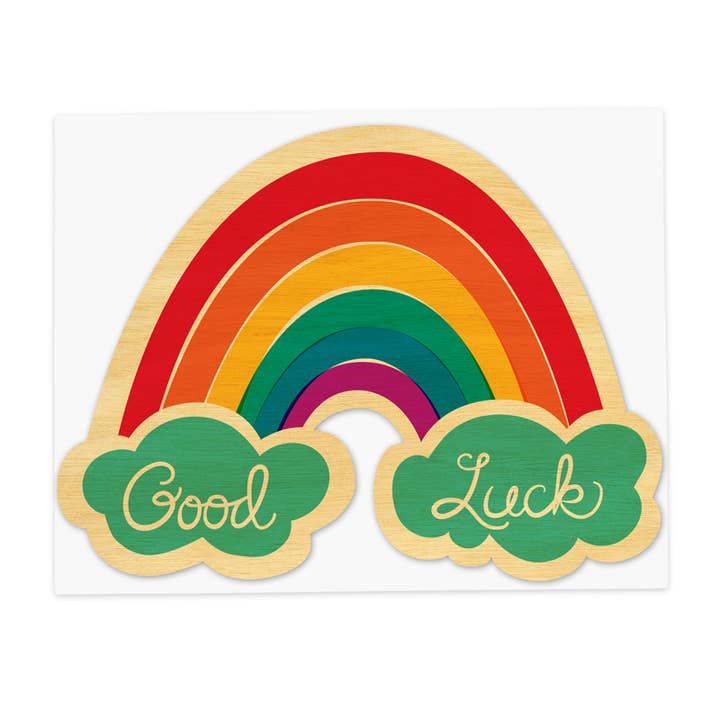 Good Luck Rainbow Wood Card for wholesale by Night Owl Paper Goods