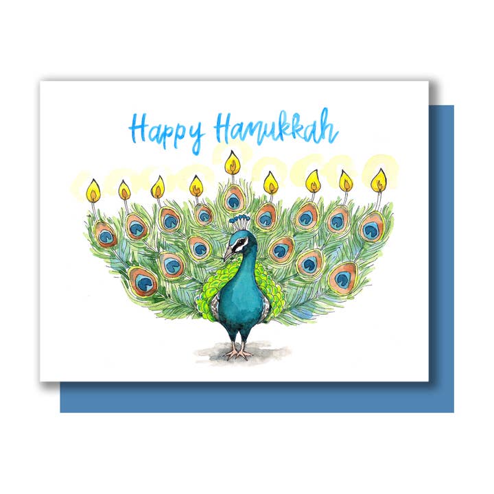 Happy Hanukkah Peacock Menorah Card for wholesale by Paper Wilderness
