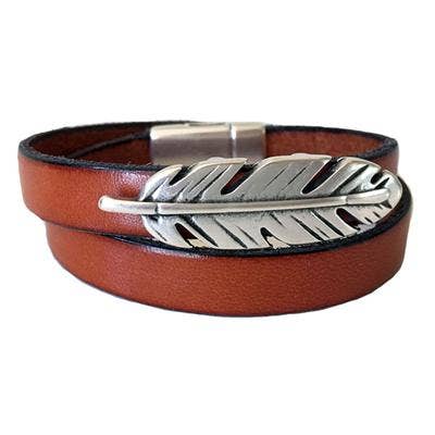 Bracelet en cuir orange brûlé - Plume Argent pour la vente par LIVE AHA