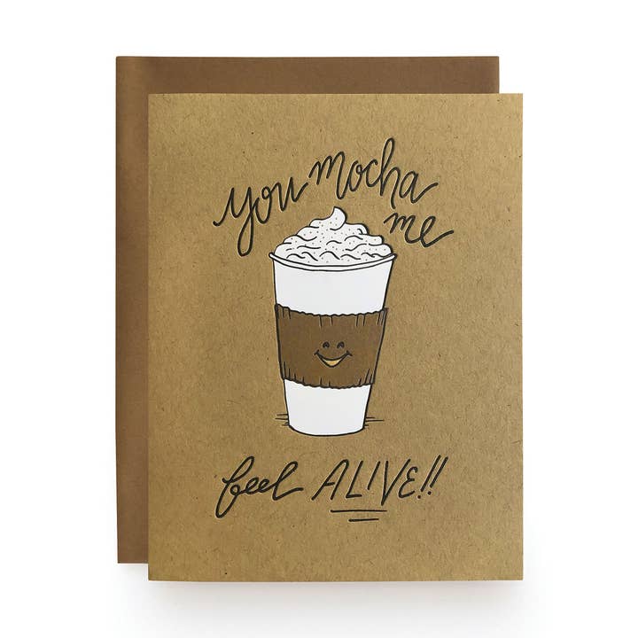 Biglietto di auguri Mocha Me della collezione Coffee Puns per la vendita all'ingrosso da parte di Wild Ink Press