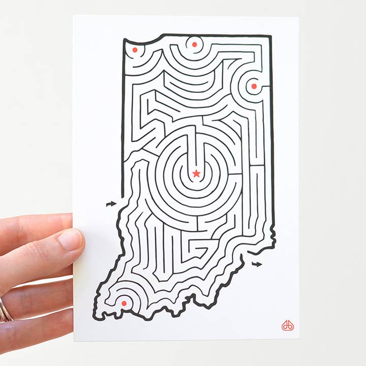 5x7 Indiana Map State Maze Postcard Print for wholesale by Imaginary Animal