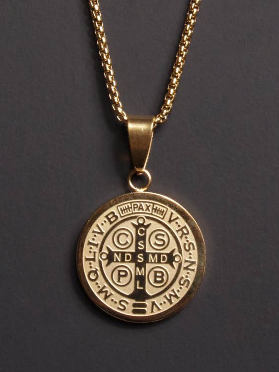 GOLD PLATED ST. BENEDICT MEDAL MEN'S NECKLACE (LARGE) for wholesale by We Are All Smith