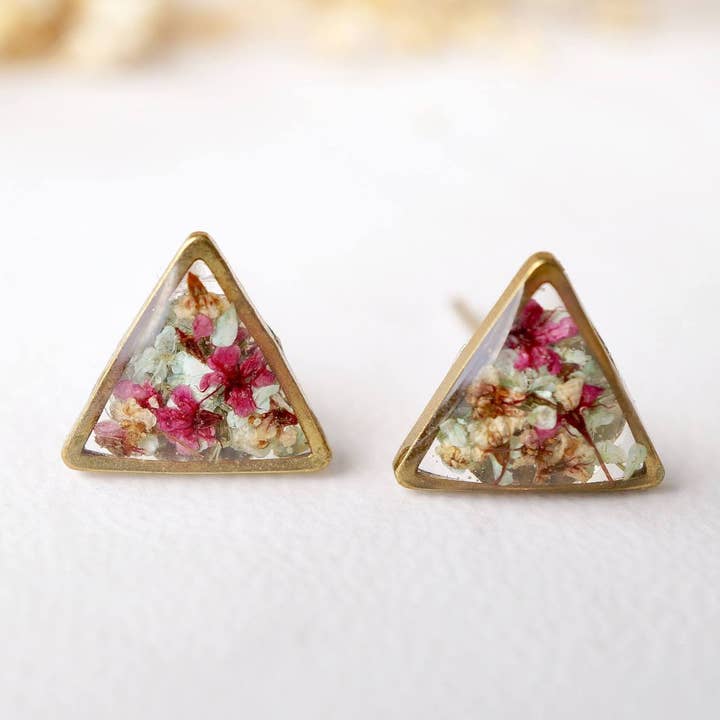 Triangle Real Dried Flowers and Resin Stud Earrings - Brass Frame for wholesale by Ann + Joy