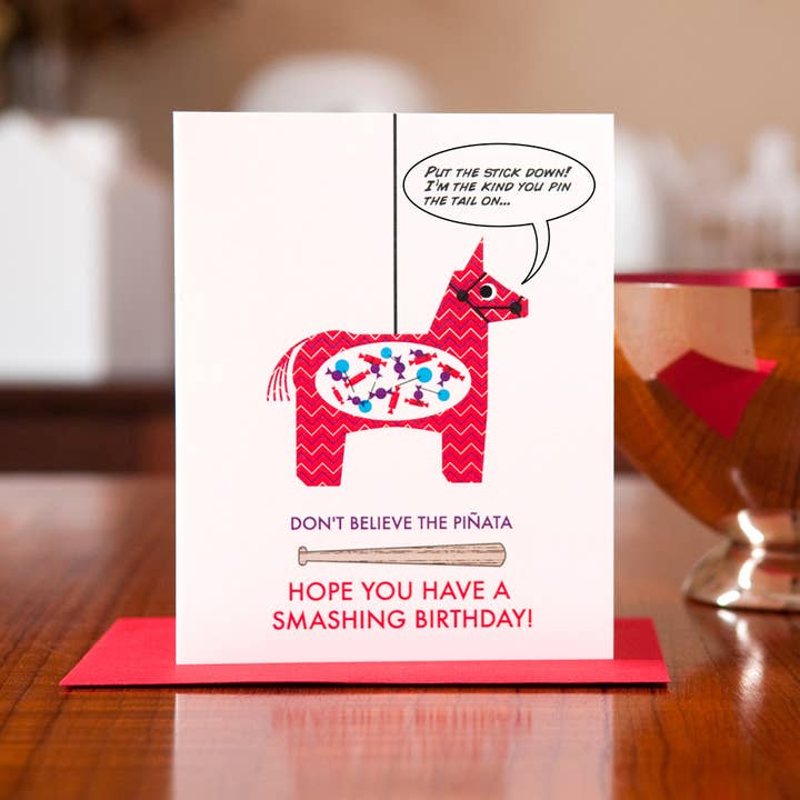 Pleading Pinata Birthday Card for wholesale by MAN vs. GEORGE DESIGN