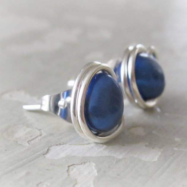 Royal Blue Pearl + Sterling Stud Earrings for wholesale by Contempo Jewelry