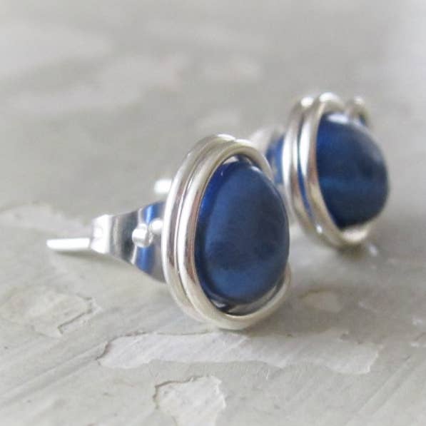 Royal Blue Pearl + Sterling Stud Earrings for wholesale by Contempo Jewelry