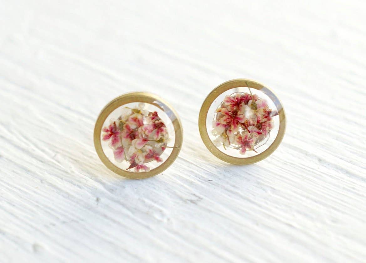 Ann + Joy - Wholesale Stud/Post Earrings - Circle in Pinks & White Mix Real Pressed Flower and Resin Stud Earrings