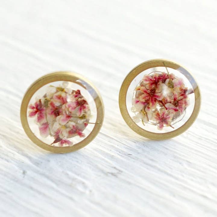 Circle in Pinks & White Mix Real Pressed Flower and Resin Stud Earrings for wholesale by Ann + Joy