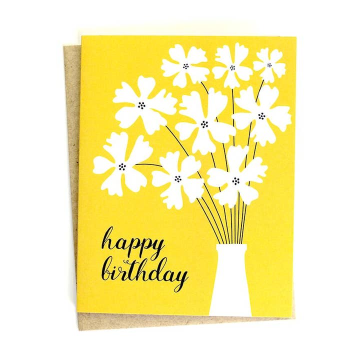 Vase and flowers on Mustard yellow Birthday Greeting Card A2 for wholesale by Klinger Creative