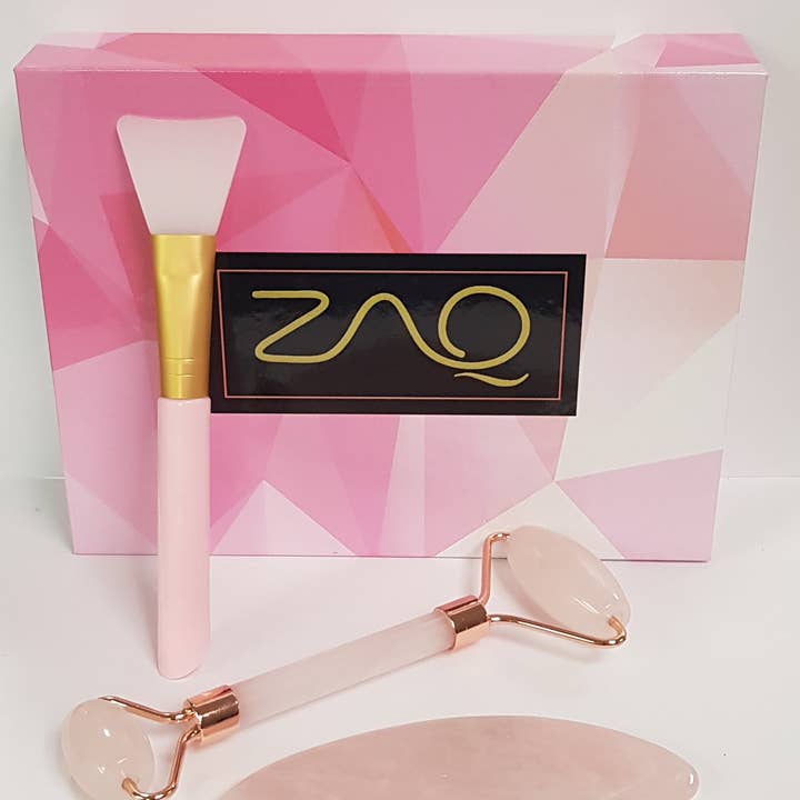 ZAQ Rose Quartz Face Roller SET with Gua Sha & Mask Brush for wholesale by ZAQ Skin + Body Care