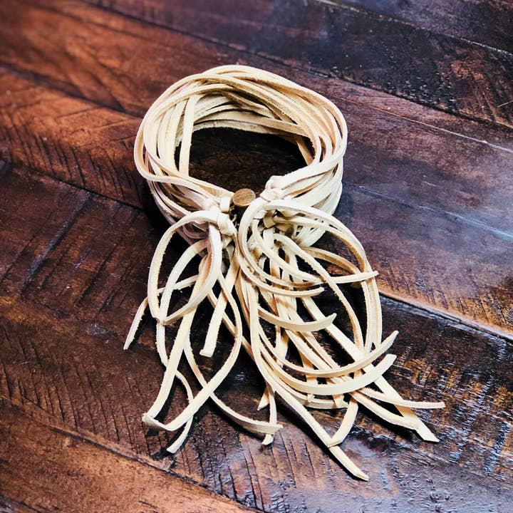 Leather Biker Cuff - Cream, Multi-Strand Fringe Bracelet for wholesale by ASTALI