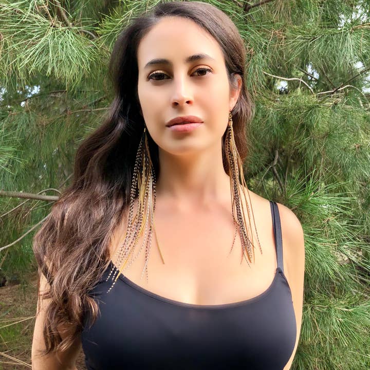 ASTALI - Wholesale Tassel Earrings - Extra Long Feather Earrings - Golden Black & Grizzly, Boho3